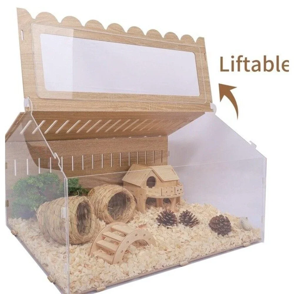 Wood Hamster Hideout Enclosure Mice Rat Guinea Cage House Acrylic 23x15x16